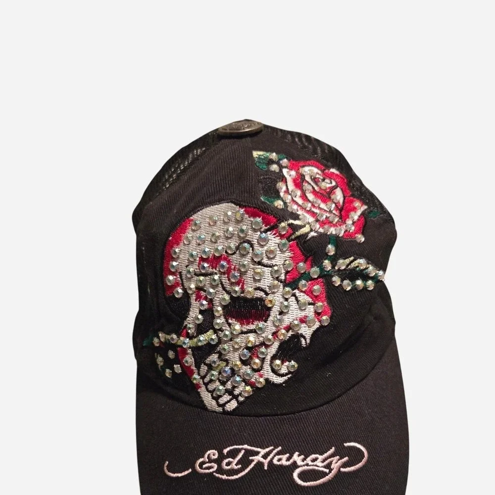 Ed Hardy Black Truckers hat with Rhinestone Skull and Rose